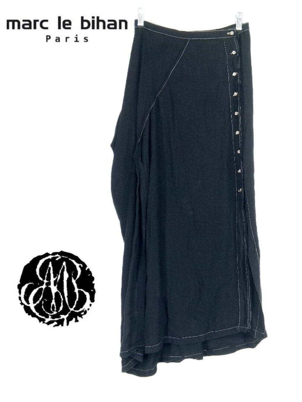 Marc Le Bihan Linen Asymmetric Draped Bustle Maxi Skirt Black Deconstructed 38 M